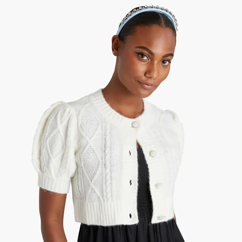 Hill House Ollie Sweater Cardigan Cropped Pearl Buttons Puff Sleeves Small White - Picture 1 of 12